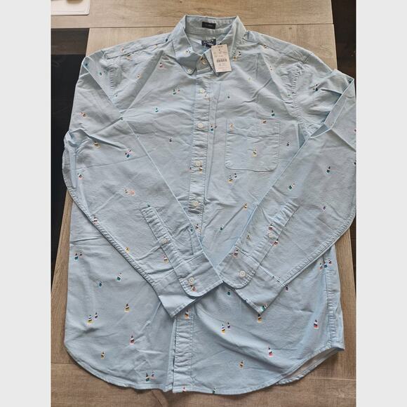 J Crew Blue Mens Classic Fit Long Sleeve Flex Oxford Shirt Sailboats Large - Picture 2 of 8